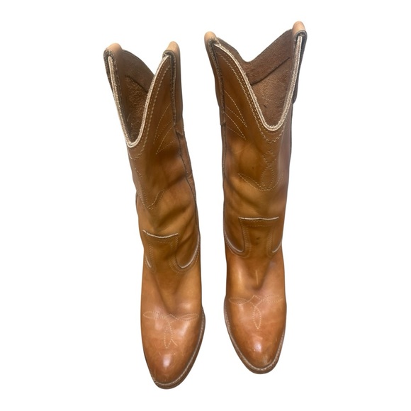 Vintage Tan Leather Western Cowboy Boots Size 9 Worn In Heeled - Picture 1 of 9